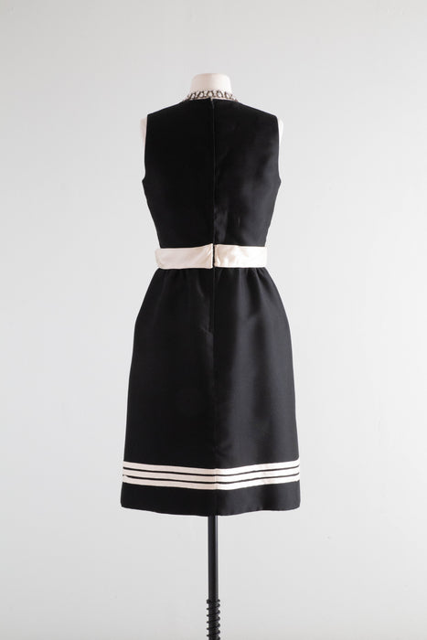 Fabulous 1960's Black & White Shantung Silk Cocktail Dress / Medium