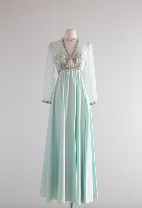 Ethereal 1970's Ice Castles Beaded Chiffon Evening Gown / Small