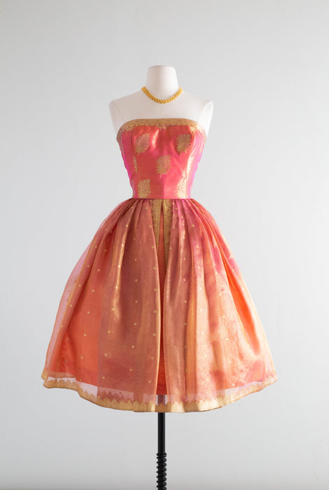 Stunning 1950's Couture Party Dress In Iridescent Silk Sari Fabric / XS