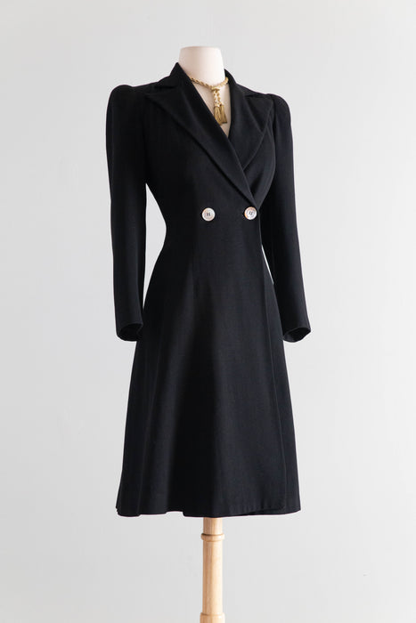 Elegant Late 1930's Black Princess Coat In Lightweight Wool / Small