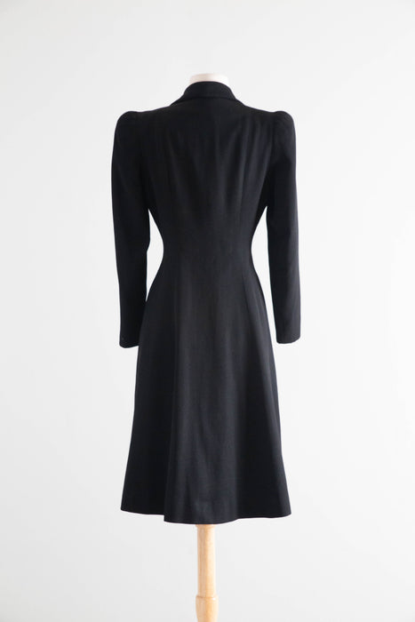 Elegant Late 1930's Black Princess Coat In Lightweight Wool / Small