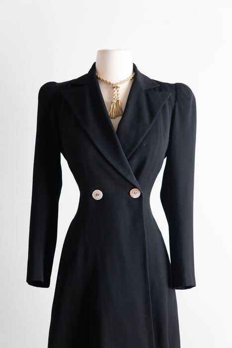 Elegant Late 1930's Black Princess Coat In Lightweight Wool / Small