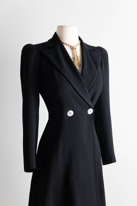 Elegant Late 1930's Black Princess Coat In Lightweight Wool / Small