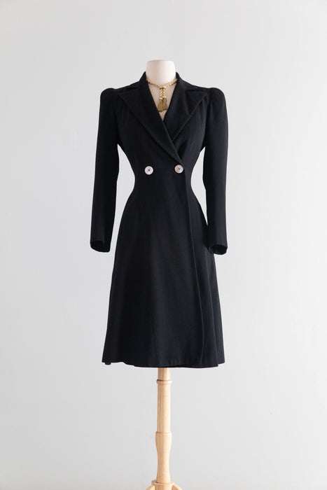 Elegant Late 1930's Black Princess Coat In Lightweight Wool / Small
