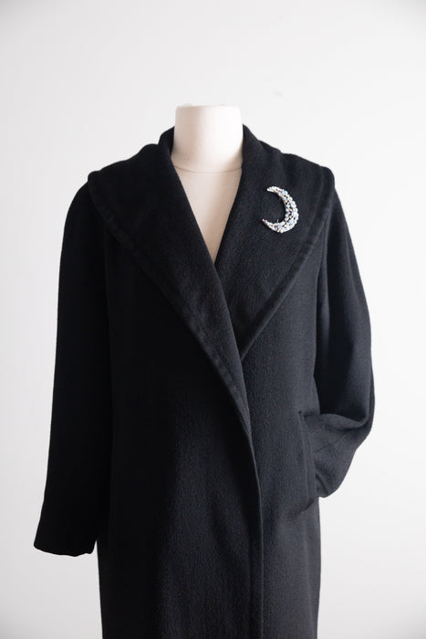 Sublime 1950s Black Virgin Wool Cocoon Coat with Dramatic Striped Lining. / M