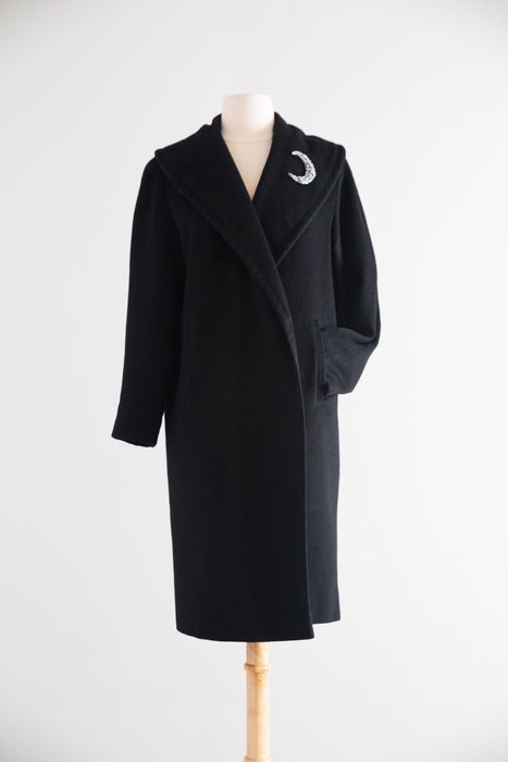 Sublime 1950s Black Virgin Wool Cocoon Coat with Dramatic Striped Lining. / M