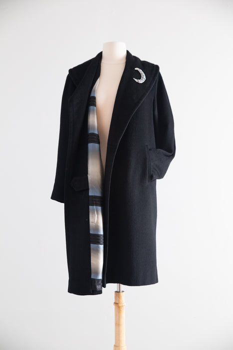 Sublime 1950s Black Virgin Wool Cocoon Coat with Dramatic Striped Lining. / M