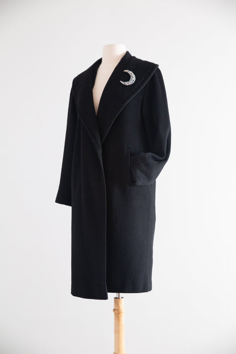 Sublime 1950s Black Virgin Wool Cocoon Coat with Dramatic Striped Lining. / M