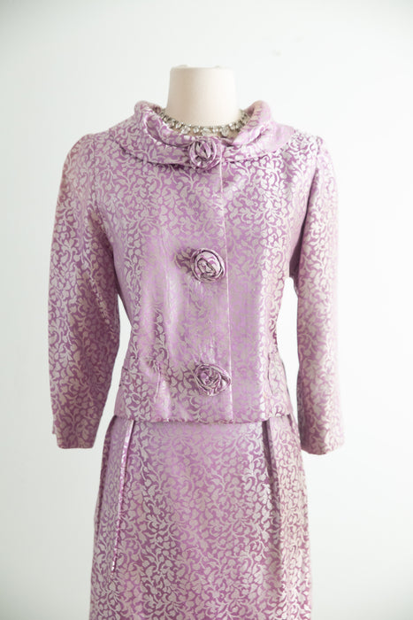 Elegant Vintage 1960's Lilac Silk Brocade Dress and Jacket Set / ML