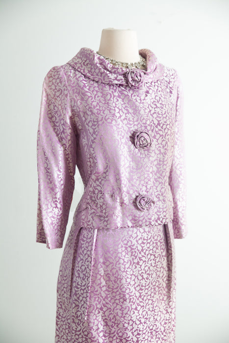 Elegant Vintage 1960's Lilac Silk Brocade Dress and Jacket Set / ML