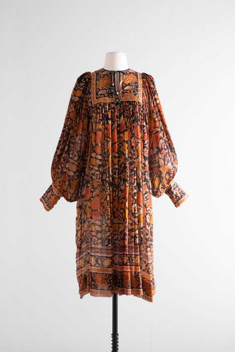 Rare 1970's Ritu Kumar For Judith Ann Indian Block Print Dress Tissue Silk Tassels / Small