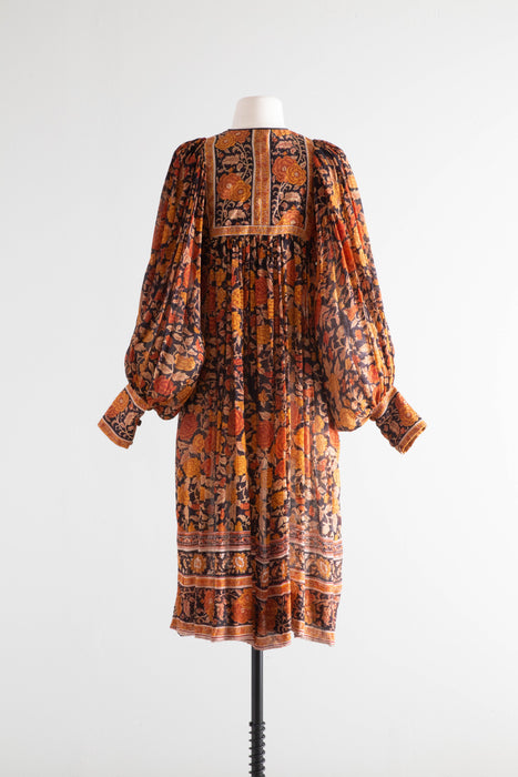 Rare 1970's Ritu Kumar For Judith Ann Indian Block Print Dress Tissue Silk Tassels / Small