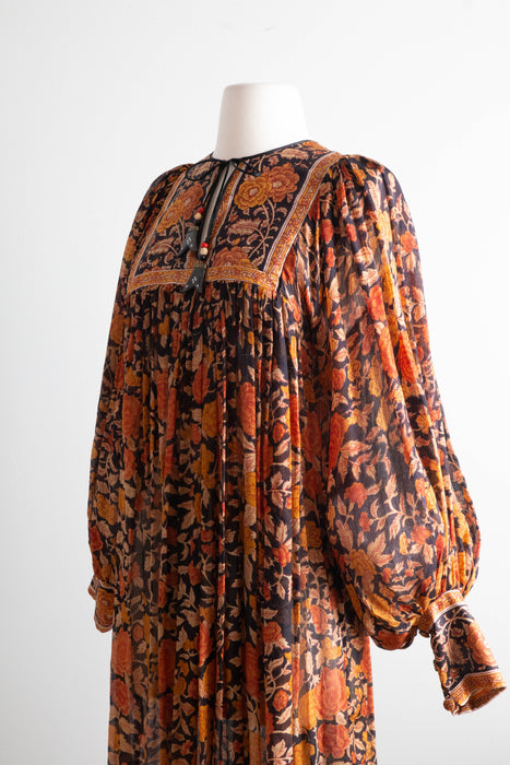 Rare 1970's Ritu Kumar For Judith Ann Indian Block Print Dress Tissue Silk Tassels / Small