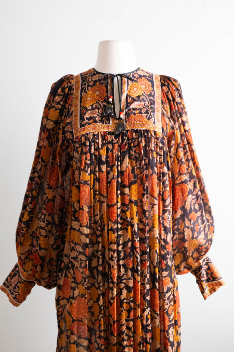 Rare 1970's Ritu Kumar For Judith Ann Indian Block Print Dress Tissue Silk Tassels / Small