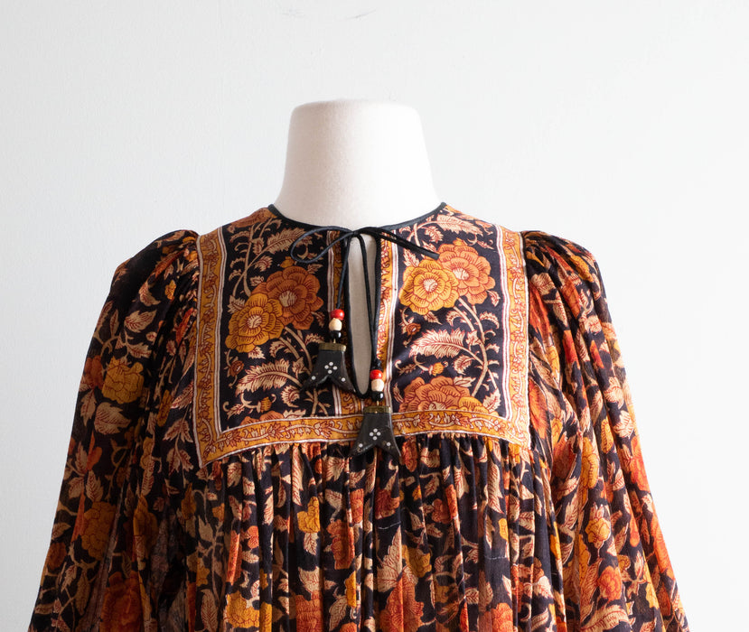 Rare 1970's Ritu Kumar For Judith Ann Indian Block Print Dress Tissue Silk Tassels / Small