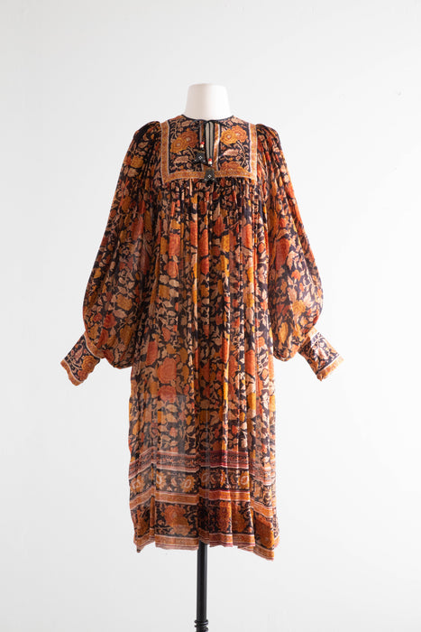 Rare 1970's Ritu Kumar For Judith Ann Indian Block Print Dress Tissue Silk Tassels / Small