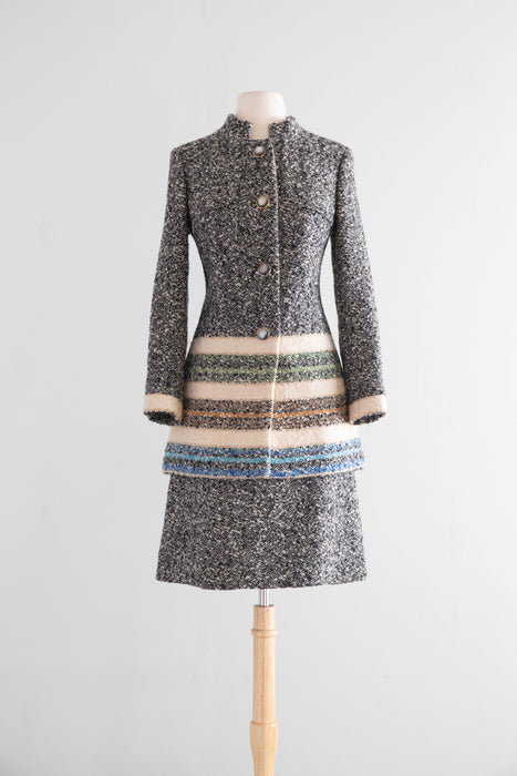 Chic 1960's Custom Couture Wool Tweed Suit With Bands Of Color / S