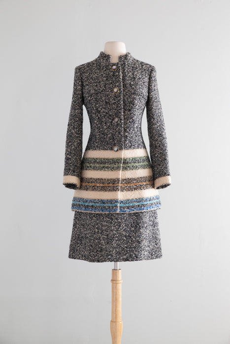 Chic 1960's Custom Couture Wool Tweed Suit With Bands Of Color / S