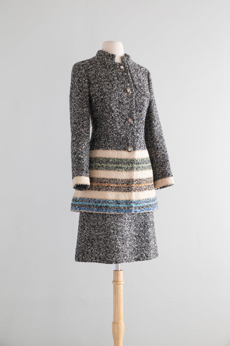 Chic 1960's Custom Couture Wool Tweed Suit With Bands Of Color / S