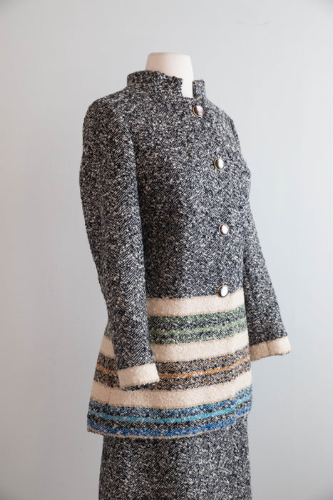 Chic 1960's Custom Couture Wool Tweed Suit With Bands Of Color / S