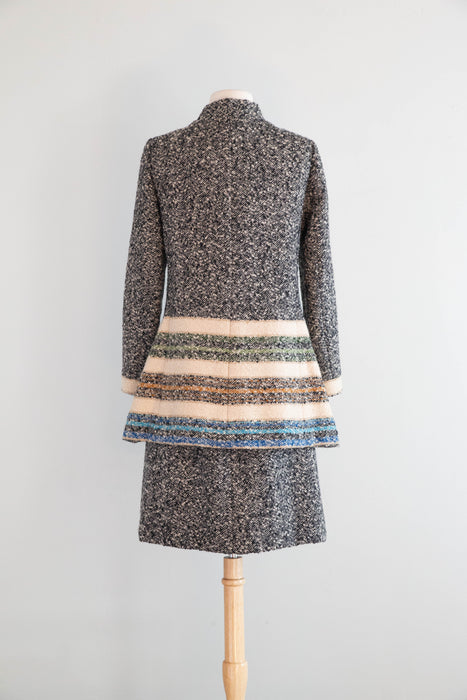 Chic 1960's Custom Couture Wool Tweed Suit With Bands Of Color / S