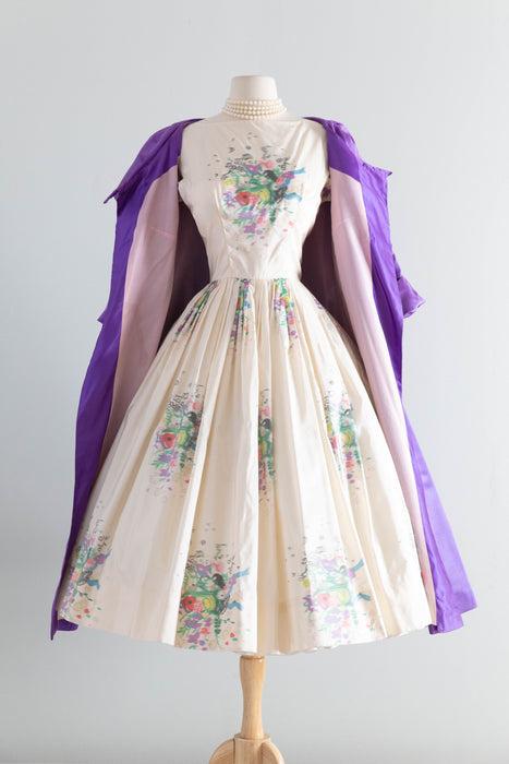 Dramatic 1950's Violet Silk Evening Coat With Portrait Collar / M