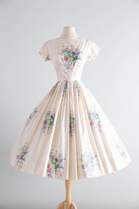 Exquisite 1950's Ivory Silk Floral Print Taffeta Party Dress From Nicholas Ungar / S