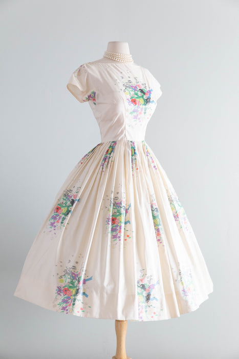 Exquisite 1950's Ivory Silk Floral Print Taffeta Party Dress From Nicholas Ungar / S