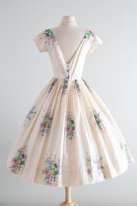 Exquisite 1950's Ivory Silk Floral Print Taffeta Party Dress From Nicholas Ungar / S