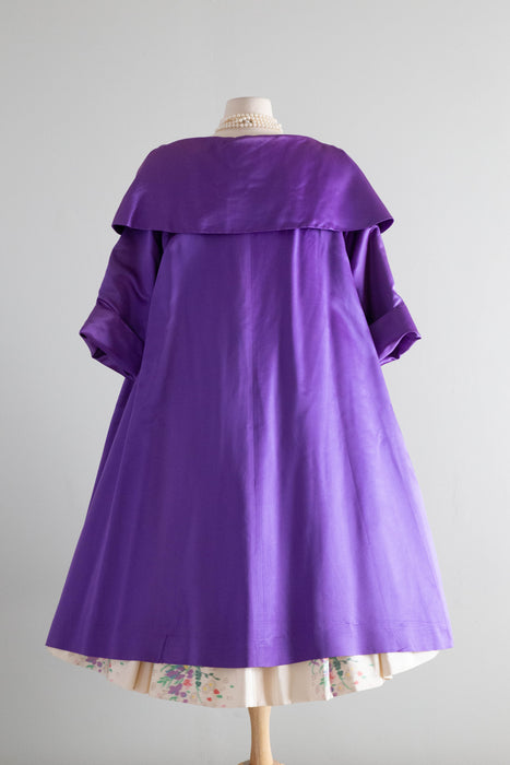 Dramatic 1950's Violet Silk Evening Coat With Portrait Collar / M