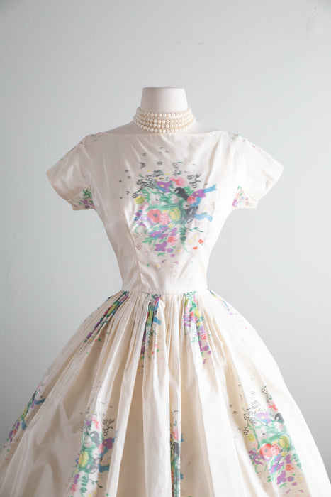 Exquisite 1950's Ivory Silk Floral Print Taffeta Party Dress From Nicholas Ungar / S