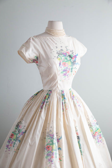Exquisite 1950's Ivory Silk Floral Print Taffeta Party Dress From Nicholas Ungar / S