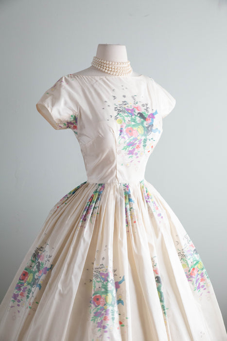 Exquisite 1950's Ivory Silk Floral Print Taffeta Party Dress From Nicholas Ungar / S