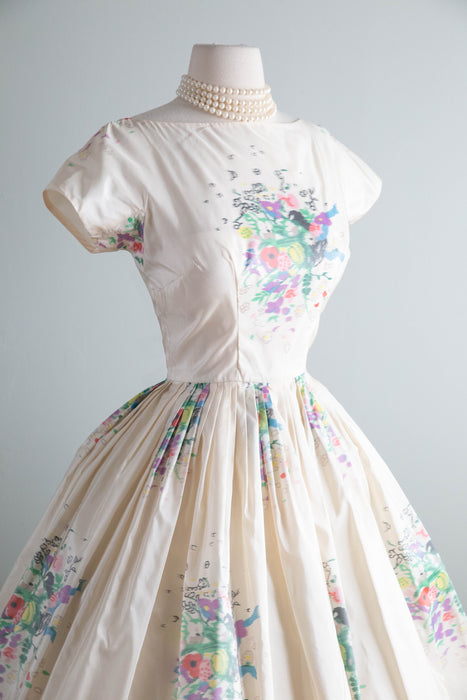 Exquisite 1950's Ivory Silk Floral Print Taffeta Party Dress From Nicholas Ungar / S