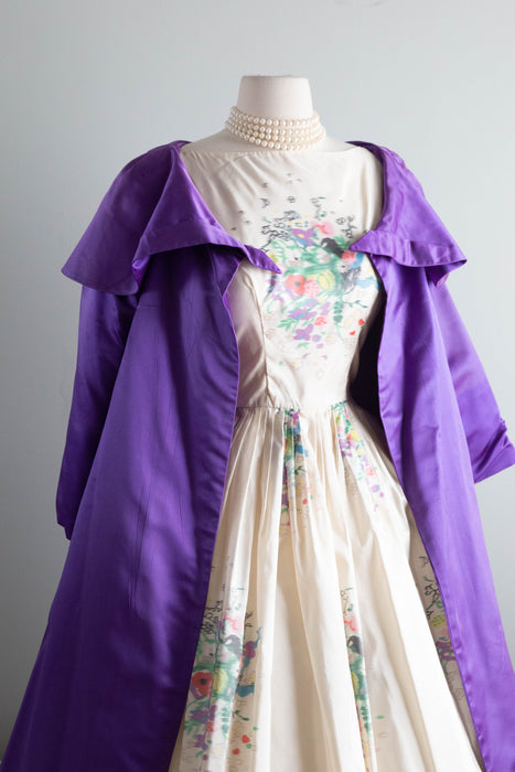 Dramatic 1950's Violet Silk Evening Coat With Portrait Collar / M