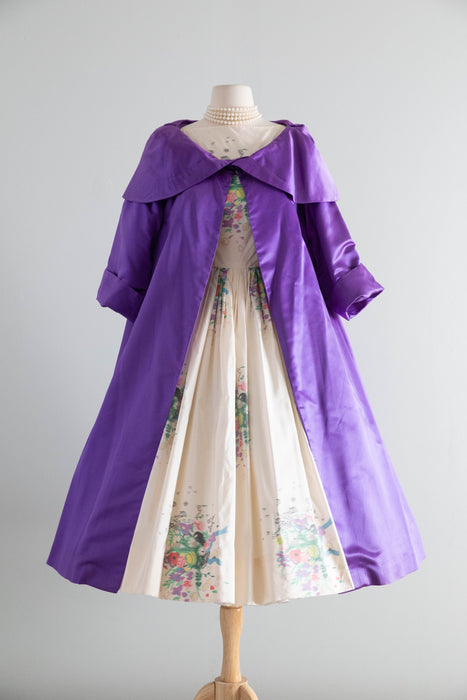 Dramatic 1950's Violet Silk Evening Coat With Portrait Collar / M
