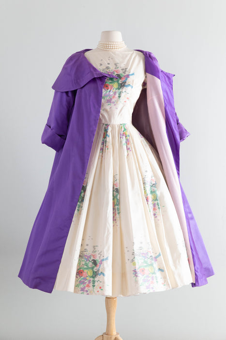 Dramatic 1950's Violet Silk Evening Coat With Portrait Collar / M