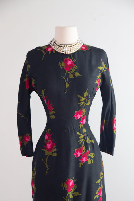 Documented 1956 Nettie Rosenstein Silk Rose Print Dress, as Advertised by I. Magnin / S