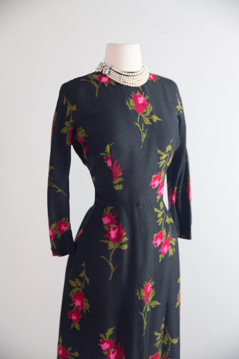 Documented 1956 Nettie Rosenstein Silk Rose Print Dress, as Advertised by I. Magnin / S