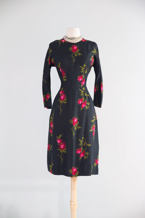 Documented 1956 Nettie Rosenstein Silk Rose Print Dress, as Advertised by I. Magnin / S