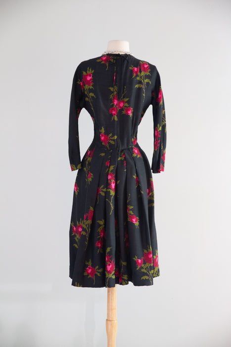 Documented 1956 Nettie Rosenstein Silk Rose Print Dress, as Advertised by I. Magnin / S
