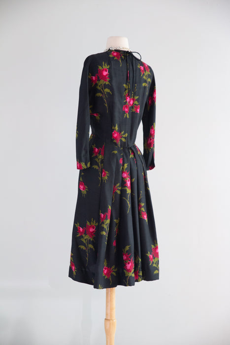 Documented 1956 Nettie Rosenstein Silk Rose Print Dress, as Advertised by I. Magnin / S