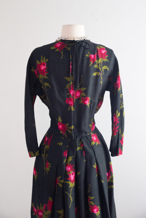 Documented 1956 Nettie Rosenstein Silk Rose Print Dress, as Advertised by I. Magnin / S