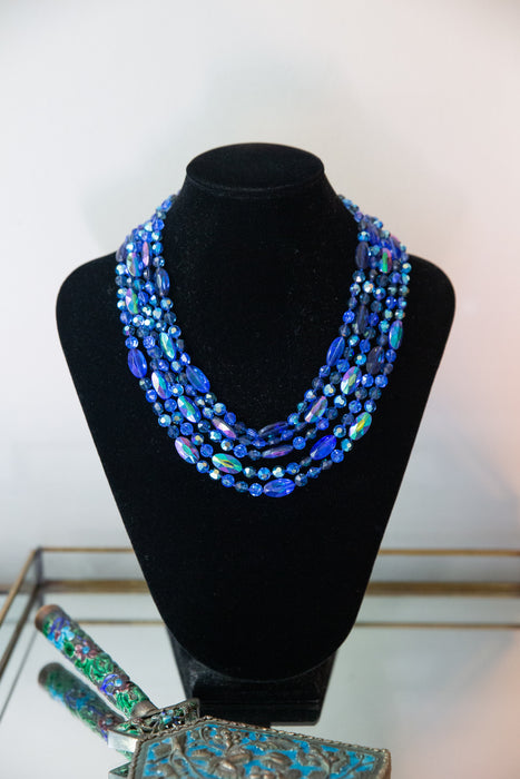 Gorgeous 1950's Aurora Borealis Blue Crystal 5 Strand Statement Necklace