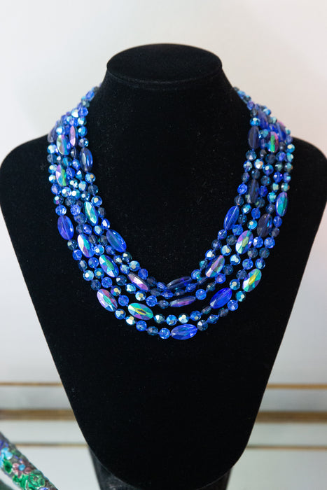 Gorgeous 1950's Aurora Borealis Blue Crystal 5 Strand Statement Necklace