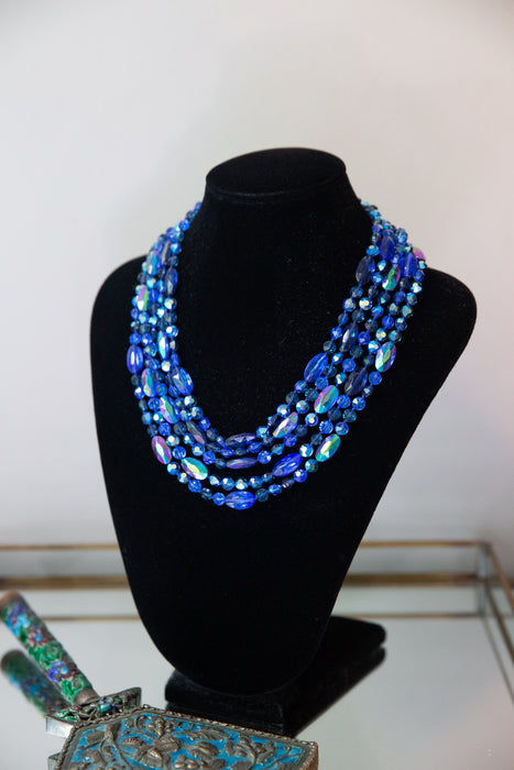 Gorgeous 1950's Aurora Borealis Blue Crystal 5 Strand Statement Necklace