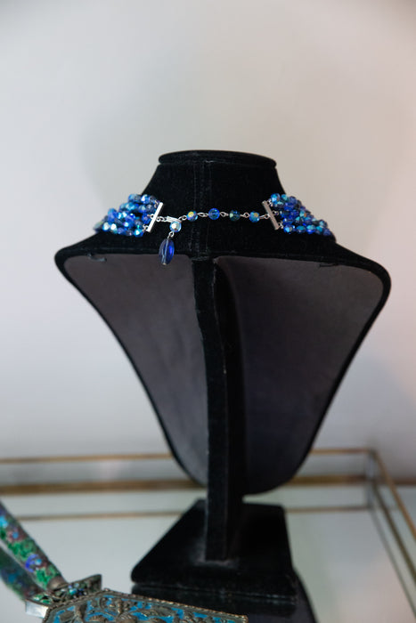 Gorgeous 1950's Aurora Borealis Blue Crystal 5 Strand Statement Necklace