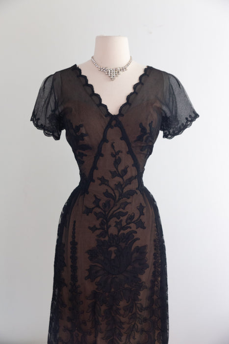 Exquisite 1950's Irene Lentz Bullocks Wilshire Couture Illusion Lace Cocktail Dress / SM