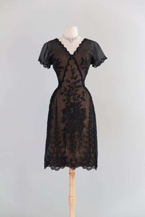 Exquisite 1950's Irene Lentz Bullocks Wilshire Couture Illusion Lace Cocktail Dress / SM