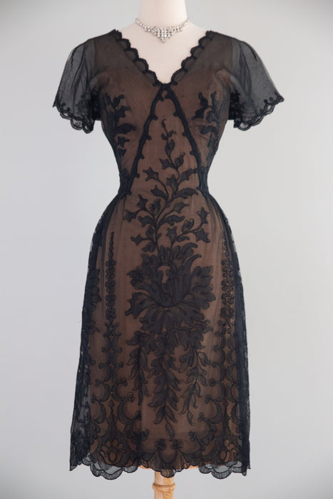 Exquisite 1950's Irene Lentz Bullocks Wilshire Couture Illusion Lace Cocktail Dress / SM